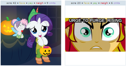 Size: 522x276 | Tagged: safe, rarity, sunset shimmer, sweetie belle, equestria girls, g4, clothes, costume, cute, exploitable meme, image macro, juxtaposition, juxtaposition win, meme, reaction image