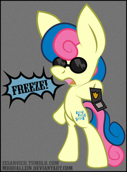 Size: 1024x1395 | Tagged: safe, artist:mrquallzin, artist:zesandvich, bon bon, sweetie drops, earth pony, pony, g4, badge, bipedal, female, freeze, hilarious in hindsight, police officer, solo, sunglasses, undercover