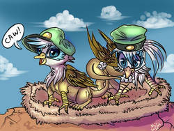 Size: 768x576 | Tagged: safe, artist:php154, oc, oc only, oc:corona the griffon, griffon, claws, cub, hat, nest, paws