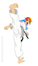 Size: 700x1217 | Tagged: safe, artist:pia-sama, rainbow dash, human, g4, barefoot, black belt, clothes, feet, female, gi, humanized, karate, kicking, martial arts, pants, robe, solo