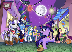Size: 2070x1500 | Tagged: safe, artist:muffinshire, night light, princess cadance, princess celestia, shining armor, twilight sparkle, twilight velvet, alicorn, pony, unicorn, g4, celestia costume, clothes, costume, cowgirl, crossdressing, eyes closed, family, female, filly, hat, magic, male, mare, mare in the moon, moon, muffinshire is trying to murder us, nightmare night, open mouth, pirate, royal guard, shining armor is not amused, smiling, sparkle family, stallion, unamused, witch, younger