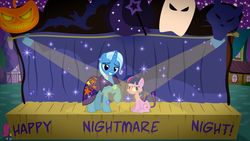 Size: 1600x900 | Tagged: safe, artist:navitaserussirus, scootaloo, trixie, twilight sparkle, cat, g4, nightmare night, species swap, stage, twilight cat