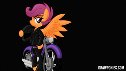 Size: 1920x1080 | Tagged: safe, artist:drawponies, scootaloo, g4, clothes, female, helmet, jacket, leather jacket, motorcycle, pants, solo