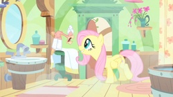 Size: 853x480 | Tagged: safe, screencap, fluttershy, philomena, bird, pegasus, phoenix, pony, a bird in the hoof, g4, bathroom, coughing, duo, female, grin, leaning forward, mare, smiling, steam, towel