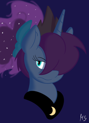 Size: 1558x2151 | Tagged: safe, artist:mooniearts, princess luna, luna-afterdark, g4, bust, female, hair over one eye, simple background, solo