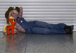 Size: 900x631 | Tagged: safe, artist:nwahsinparis, applejack, human, g4, 2012, cosplay, irl, irl human, london mcm expo, overalls, photo, solo