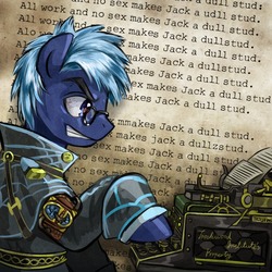 Size: 750x750 | Tagged: safe, artist:saturnspace, star hunter, earth pony, pony, clockwise whooves, g4, jack harkness, solo, the shining, typewriter