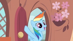 Size: 853x480 | Tagged: safe, screencap, rainbow dash, g4, it's about time, door, female, flower, solo