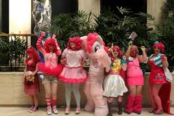 Size: 960x640 | Tagged: safe, artist:kenzerrock, madame leflour, pinkie pie, human, fanfic:cupcakes, g4, anime weekend atlanta, clothes, cosplay, dress, evening gloves, fingerless gloves, fursuit, gala dress, glasses, gloves, group photo, irl, irl human, leg warmers, photo, pinkamena diane pie, tutu