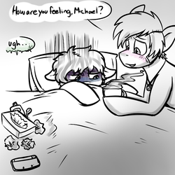 Size: 720x720 | Tagged: safe, artist:deyogee, pony, 3ds, achievement hunter, bed, blanket, blushing, box, cup, dialogue, drink, gavin free, male, michael jones, monochrome, pillow, ponified, rooster teeth, sick, sketch, soup, stallion, tissue, tissue box