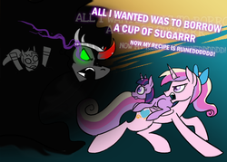 Size: 500x358 | Tagged: safe, artist:wiggles, king sombra, princess cadance, twilight sparkle, oc, alicorn, pony, umbrum, unicorn, ask king sombra, g4, ask, blank flank, bow, cup of sugar, female, filly, filly twilight sparkle, ponytail, tumblr, unicorn twilight, younger