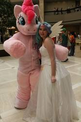 Size: 640x960 | Tagged: safe, artist:lochlan o'neil, pinkie pie, princess celestia, human, g4, anime weekend atlanta, convention, cosplay, duo focus, fursuit, irl, irl human, photo, ponysuit