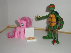 Size: 2048x1536 | Tagged: safe, pinkie pie, g4, brushable, female, food, irl, male, meat, michelangelo, pepperoni, pepperoni pizza, photo, pizza, teenage mutant ninja turtles, toy
