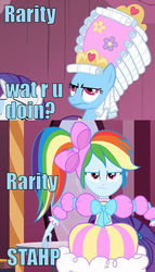 Size: 412x720 | Tagged: safe, edit, edited screencap, screencap, rainbow dash, rarity, equestria girls, g4, swarm of the century, bow, clothes, dress, dressup, hair bow, image macro, implied rarity, jewelry, mare antoinette, marie antoinette, puffy sleeves, rainbow dash always dresses in style, rainbow dash is not amused, skirt, stahp, this is our big night, tiara, unamused