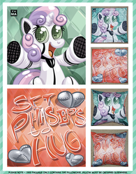 Size: 623x800 | Tagged: dead source, safe, artist:1trick, sweetie belle, pony, robot, unicorn, friendship is witchcraft, g4, advertisement, female, filly, foal, hooves, horn, hug, lying down, open mouth, pillow, solo, sweetie bot, text