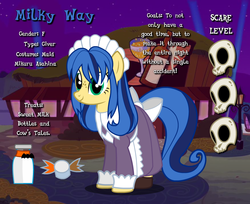 Size: 875x715 | Tagged: dead source, safe, artist:flash equestria photography, oc, oc only, oc:milky way, earth pony, pony, milkmare of trottingham, g4, alternate hairstyle, asahina mikuru, ask, clothes, costume, crossover, female, maid, mare, melancholy of haruhi suzumiya, milk, milk bottle, nightmare night, nightmare night costume, skull, solo, tail bow, tumblr