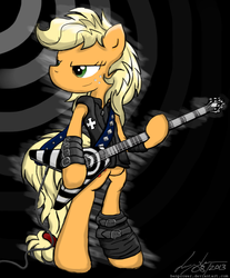 Size: 1053x1272 | Tagged: safe, artist:flutterthrash, applejack, earth pony, pony, semi-anthro, g4, arm hooves, bipedal, clothes, electric guitar, fashion, female, guitar, heavy metal, iron cross, leather, metal, musical instrument, ponified, rock (music), solo, zakk wylde