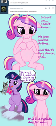 Size: 1000x2251 | Tagged: safe, artist:kuromi, princess cadance, smarty pants, twilight sparkle, pony, unicorn, g4, ask, blushing, comic, doll, filly, filly twilight sparkle, teen princess cadance, tumblr, unicorn twilight, younger