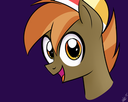 Size: 1000x800 | Tagged: dead source, safe, artist:wubcakeva, button mash, earth pony, pony, g4, bust, colt, foal, hat, male, open mouth, portrait, propeller hat, simple background, smiling, solo