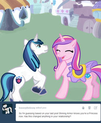 Size: 1000x1212 | Tagged: safe, artist:kuromi, princess cadance, shining armor, g4, ask, canterlot, clothes, saddle, teen princess cadance, tumblr