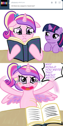 Size: 1000x2000 | Tagged: safe, artist:kuromi, princess cadance, twilight sparkle, alicorn, pony, unicorn, g4, ask, book, comic, crying, fanfic, filly, filly twilight sparkle, fourth wall, princess sadance, reaction to own portrayal, teen princess cadance, tumblr, twilight loves fanfiction, unicorn twilight