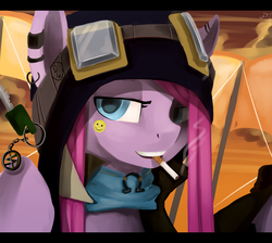 Size: 2572x2300 | Tagged: safe, artist:facerenon, pinkie pie, earth pony, pony, g4, badass, cigarette, clothes, ear piercing, earring, female, goggles, hat, jewelry, lidded eyes, mare, piercing, pinkamena diane pie, portrait, smoking, solo, steampunk