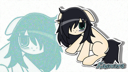 Size: 1024x576 | Tagged: safe, artist:kasocora, oc, earth pony, pony, bags under eyes, blank flank, female, floppy ears, hair over one eye, mare, messy mane, ponified, signature, sitting, solo, tomoko kuroki, watamote