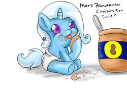 Size: 999x799 | Tagged: safe, artist:mare--in--the--moon, trixie, pony, g4, baby, baby pony, baby trixie, cute, diaper, female, foal, food, hoof licking good, jar, messy, peanut butter, peanut butter crackers, solo
