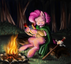 Size: 1700x1530 | Tagged: safe, artist:drizzthunter, pinkie pie, g4, cloak, clothes, female, fire, lyre, musical instrument, night, solo, sword, weapon