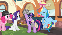 Size: 1280x720 | Tagged: safe, screencap, pinkie pie, rainbow dash, rarity, twilight sparkle, earth pony, pegasus, pony, unicorn, g4, mmmystery on the friendship express, bowler hat, cake, deerstalker, detective, female, food, hat, implied clopping, mare, out of context, saddle bag, sherlock sparkle, unicorn twilight
