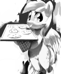 Size: 658x800 | Tagged: safe, artist:mewball, derpy hooves, pony, g4, baking, bipedal, cookie, cooking, female, food, monochrome, solo