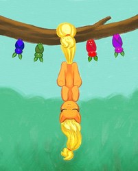 Size: 730x908 | Tagged: safe, artist:maran-zelde, applejack, fruit bat, g4, animal, hanging, tree, upside down