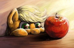 Size: 3055x2000 | Tagged: safe, artist:audrarius, applejack, earth pony, pony, g4, apple, cute, female, filly, jackabetes, solo, that pony sure does love apples