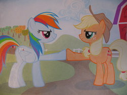 Size: 1024x768 | Tagged: safe, artist:aikidopony, applejack, rainbow dash, g4, hoofbump, scene interpretation, traditional art