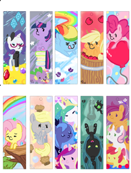 Size: 824x1083 | Tagged: safe, artist:mt, apple bloom, applejack, derpy hooves, fluttershy, pinkie pie, princess cadance, princess celestia, princess luna, queen chrysalis, rainbow dash, rarity, scootaloo, spike, sweetie belle, twilight sparkle, alicorn, pony, g4, balloon, bookmark, female, mane seven, mane six, mare, twilight sparkle (alicorn)