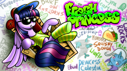 Size: 1920x1080 | Tagged: safe, artist:dori-to, trixie, twilight sparkle, alicorn, pony, g4, clothes, crossover, doodles, female, fresh princess of friendship, hilarious in hindsight, mare, sharknado, socks, solo, striped socks, taco, the fresh prince of bel-air, twilight sparkle (alicorn), wallpaper