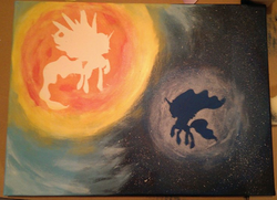 Size: 724x525 | Tagged: safe, artist:java--jive, princess celestia, princess luna, g4, acrylic painting, canvas, duality, painting, photo, princess, sale, silhouette, traditional art