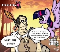 Size: 700x617 | Tagged: safe, artist:neoncabaret, twilight sparkle, alicorn, human, pony, g4, crossover, female, grand theft auto, gta v, mare, rpg (weapon), this will end in pain and property damage, this will end in tears, trevor philips, twilight sparkle (alicorn), video game