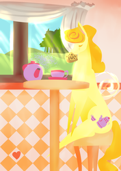 Size: 1024x1448 | Tagged: safe, artist:kouenli, crumpet, earth pony, pony, g1, chair, cottagecore, crumpet (griddle cake), eating, female, namesake, pun, sitting, solo, table, teacup, teapot, visual pun, window