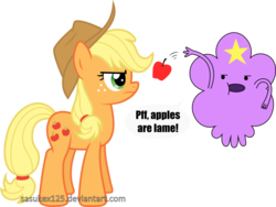 Size: 1031x775 | Tagged: safe, artist:sasukex125, applejack, g4, adventure time, apple, crossover, lumpy space princess, male