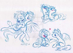 Size: 1024x743 | Tagged: dead source, safe, artist:jazz-dafunk, oc, oc only, butterfly, pegasus, pony, blushing, cute, deviantart watermark, ear bite, eyes closed, female, flying, glasses, heart, male, nuzzling, obtrusive watermark, shipping, straight, watermark