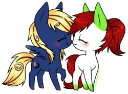 Size: 1001x734 | Tagged: safe, artist:ponymonster, oc, oc only, earth pony, pegasus, pony, boop, female, freckles, lesbian, noseboop, nuzzling, ponytail, shipping, simple background, transparent background