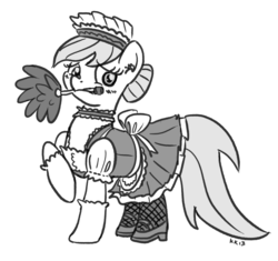 Size: 1000x938 | Tagged: safe, artist:king-kakapo, nurse redheart, earth pony, pony, g4, clothes, duster, female, maid, monochrome, mouth hold, solo