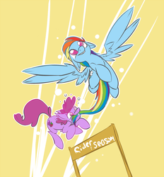 Size: 1100x1184 | Tagged: safe, artist:cider, berry punch, berryshine, rainbow dash, g4, cider, flying, mouth hold, riding