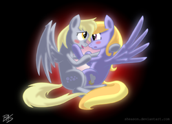 Size: 2940x2131 | Tagged: safe, artist:sheason, cloud kicker, derpy hooves, pegasus, pony, fanfic:the life and times of a winning pony, winningverse, g4, blushing, derpykicker, female, lesbian, mare, shipping