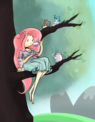 Size: 1071x1372 | Tagged: dead source, safe, artist:twitchykismet, angel bunny, fluttershy, blue jay, chipmunk, human, g4, adventure time, animal, barefoot, cake, choker, cleavage, clothes, crossover, dress, drink, feet, female, humanized, light skin, male, music notes, sitting, sitting in a tree, style emulation, tea, teacup, teapot, tree