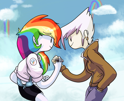 Size: 1246x1015 | Tagged: dead source, safe, artist:twitchykismet, gilda, rainbow dash, griffon, human, g4, adventure time, clothes, cloudsdale, crossover, humanized, jacket, light skin, male, style emulation