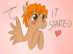 Size: 1042x766 | Tagged: safe, artist:mister-pierrot, oc, oc only, pegasus, pony, blushing, solo, wingboner