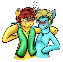 Size: 585x570 | Tagged: safe, artist:deyogee, achievement hunter, blushing, drunk, gavin free, michael jones, ponified, rooster teeth