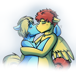 Size: 720x720 | Tagged: safe, artist:deyogee, achievement hunter, blushing, gavin free, gay, kissing, male, mavin, michael jones, ponified, rooster teeth